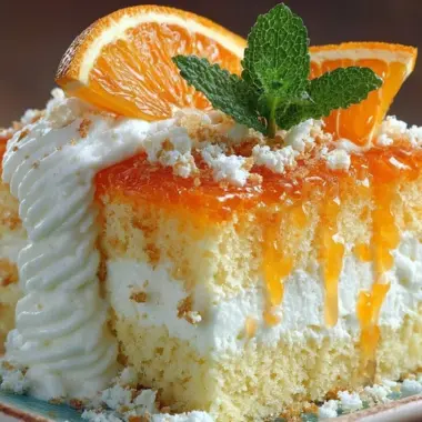 Delicious slice of Orange Dreamsicle Cake decorated with orange zest and cream.