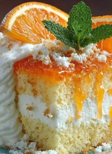 Delicious slice of Orange Dreamsicle Cake decorated with orange zest and cream.