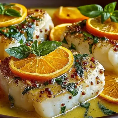 Pan fried cod fillet with citrus basil butter sauce on a plate