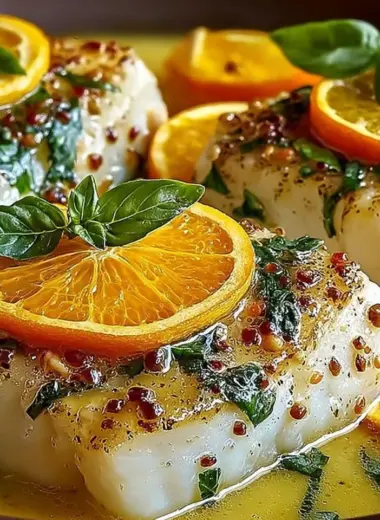 Pan fried cod fillet with citrus basil butter sauce on a plate