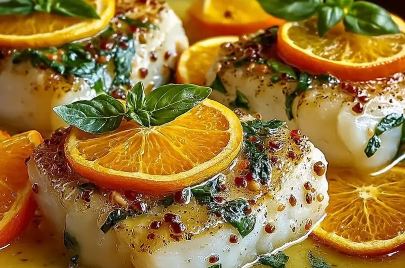 Pan fried cod fillet with citrus basil butter sauce on a plate