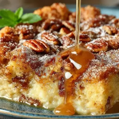 Delicious pecan pie bread pudding without crust, topped with crunchy pecans.
