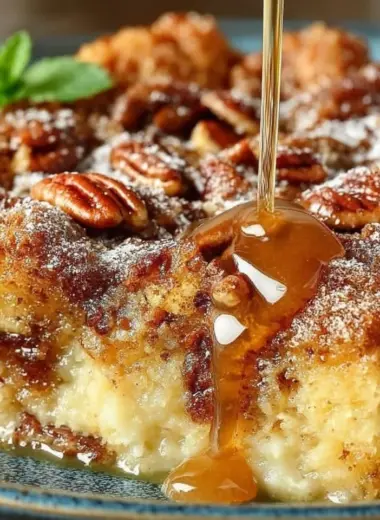 Delicious pecan pie bread pudding without crust, topped with crunchy pecans.