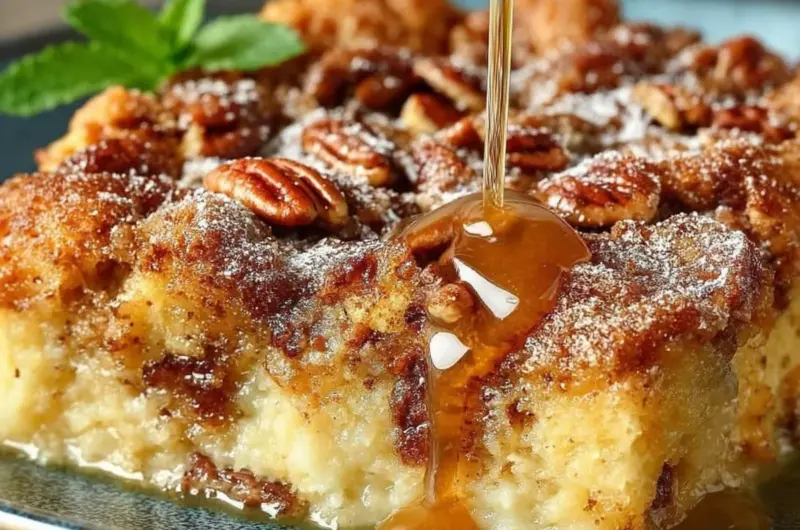 Delicious pecan pie bread pudding without crust, topped with crunchy pecans.