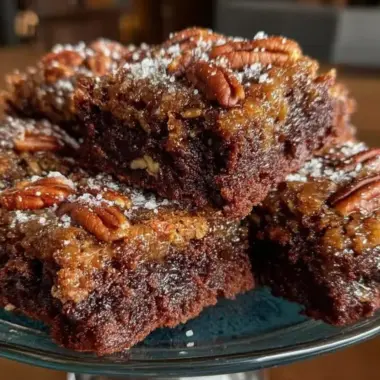 Delicious pecan pie brownies topped with nuts and chocolate