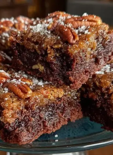 Delicious pecan pie brownies topped with nuts and chocolate