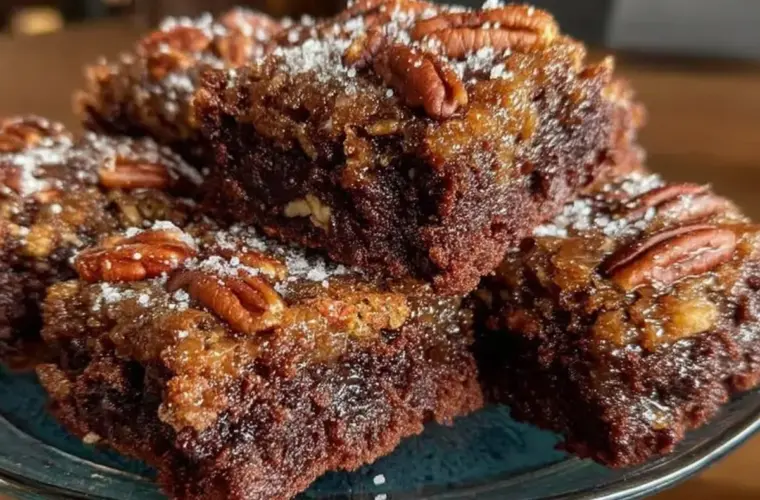 Delicious pecan pie brownies topped with nuts and chocolate