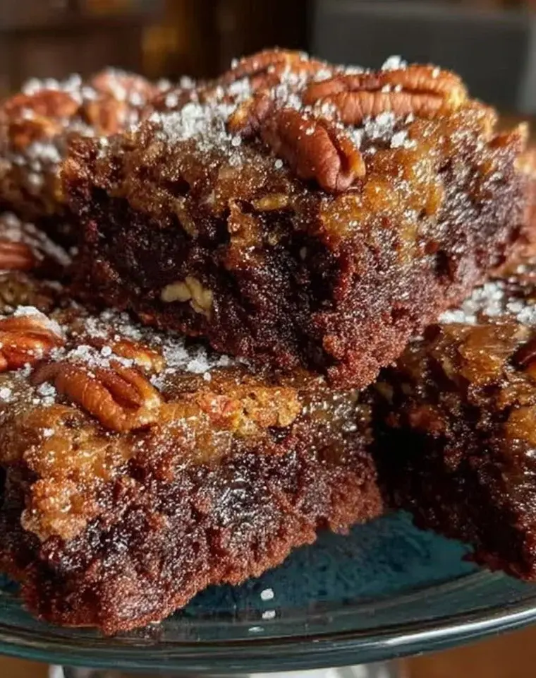 Delicious pecan pie brownies topped with nuts and chocolate