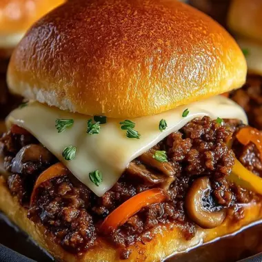 Philly Cheese Steak Sloppy Joes topped with melted cheese and savory beef