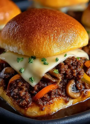 Philly Cheese Steak Sloppy Joes topped with melted cheese and savory beef