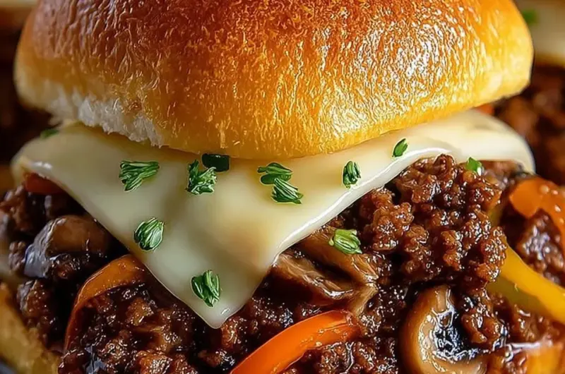 Philly Cheese Steak Sloppy Joes topped with melted cheese and savory beef