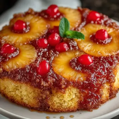 Delicious Pineapple Upside-Down Cake served on a plate with cherries and butter