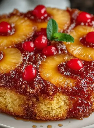 Delicious Pineapple Upside-Down Cake served on a plate with cherries and butter