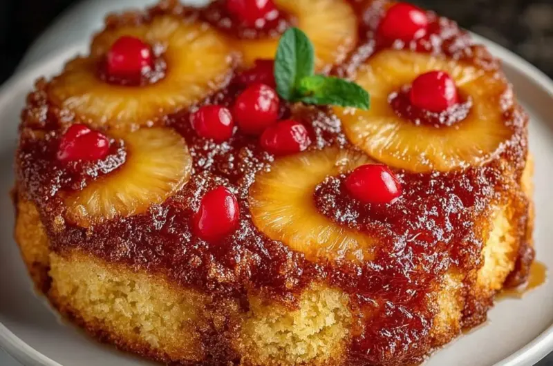 Delicious Pineapple Upside-Down Cake served on a plate with cherries and butter