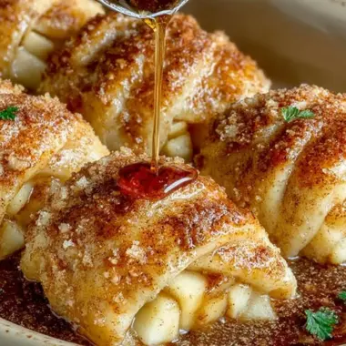 Delicious Pioneer Woman apple dumplings served with cinnamon sauce.