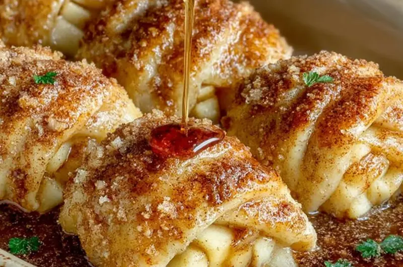 Delicious Pioneer Woman apple dumplings served with cinnamon sauce.