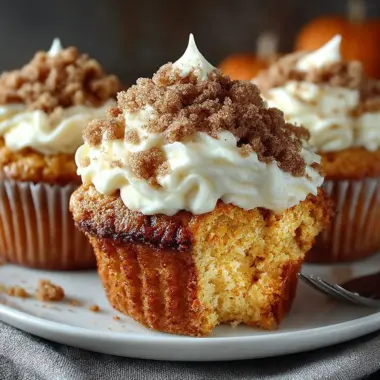 Freshly baked Pumpkin Cream Cheese Muffins on a wooden table.