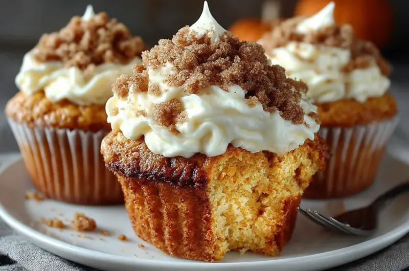 Freshly baked Pumpkin Cream Cheese Muffins on a wooden table.