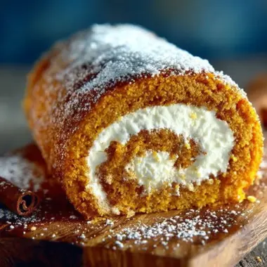 Delicious pumpkin roll with cream cheese filling on a wooden table