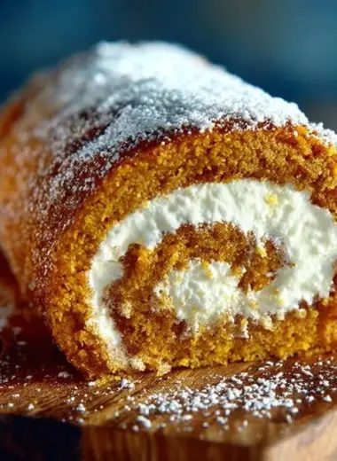 Delicious pumpkin roll with cream cheese filling on a wooden table