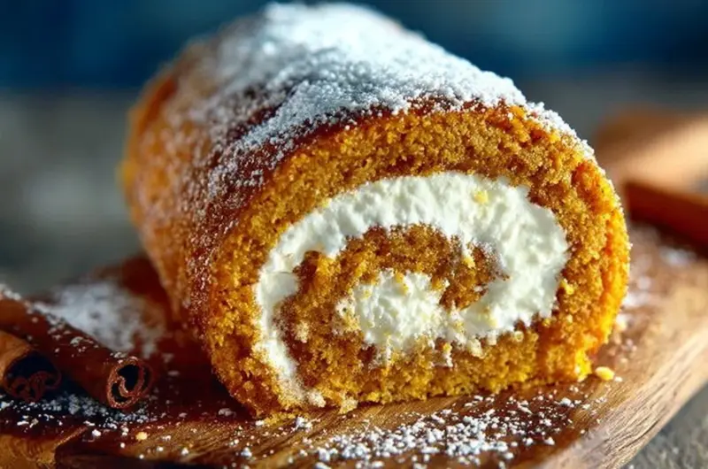 Delicious pumpkin roll with cream cheese filling on a wooden table