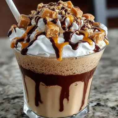 Tasty Reese's Peanut Butter Frappuccino topped with whipped cream.