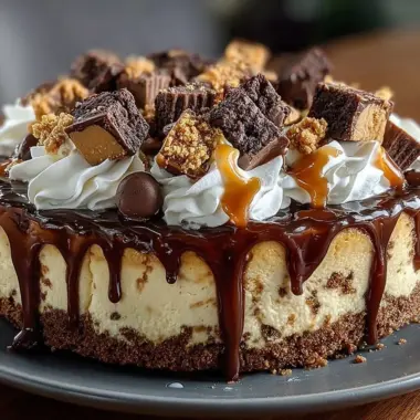 Slice of Reese's Radiant Rhapsody Cheesecake topped with chocolate and peanut butter drizzle.
