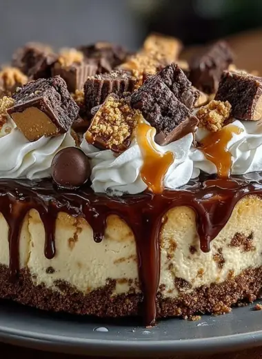 Slice of Reese's Radiant Rhapsody Cheesecake topped with chocolate and peanut butter drizzle.