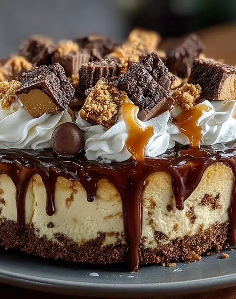 Slice of Reese's Radiant Rhapsody Cheesecake topped with chocolate and peanut butter drizzle.