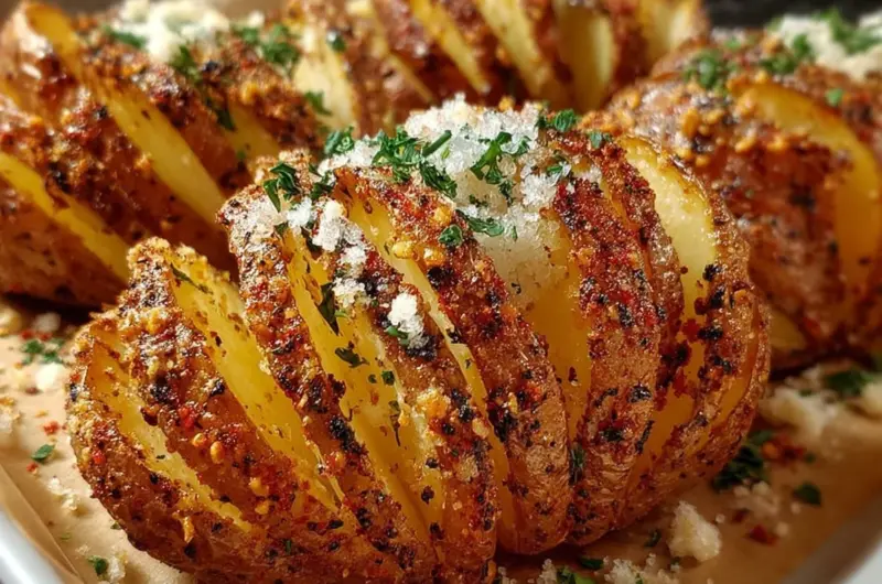 Sliced baked potatoes served with toppings on a wooden board.
