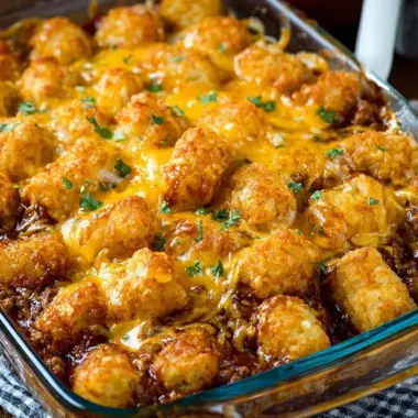 Delicious Sloppy Joe Tater Tot Casserole served in a baking dish