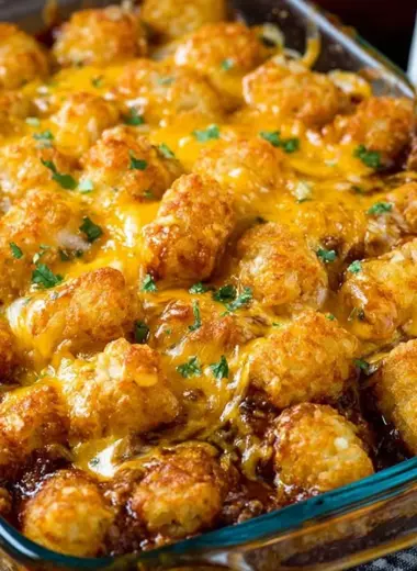 Delicious Sloppy Joe Tater Tot Casserole served in a baking dish