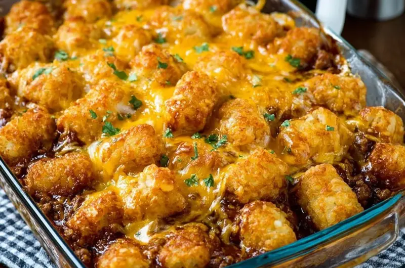 Delicious Sloppy Joe Tater Tot Casserole served in a baking dish