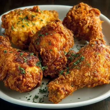 Juicy Southern fried chicken served on a plate with sides