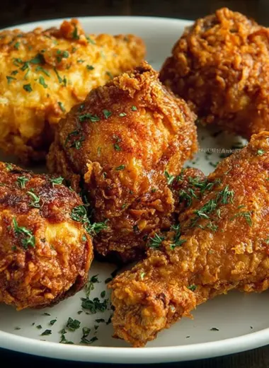 Juicy Southern fried chicken served on a plate with sides