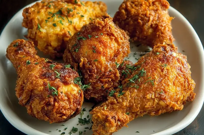 Juicy Southern fried chicken served on a plate with sides