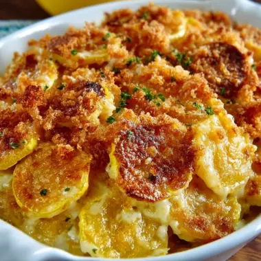 Southern squash casserole served in a baking dish with a golden crust.