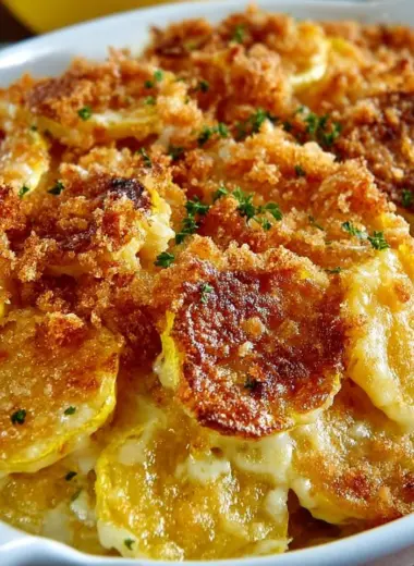 Southern squash casserole served in a baking dish with a golden crust.