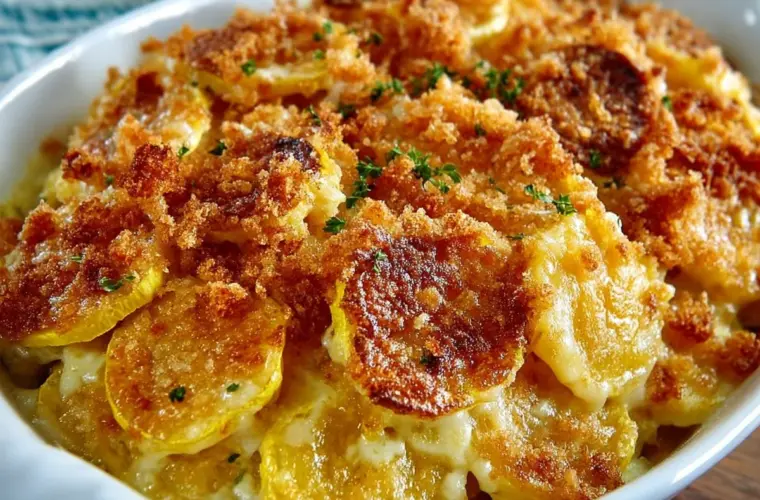 Southern squash casserole served in a baking dish with a golden crust.