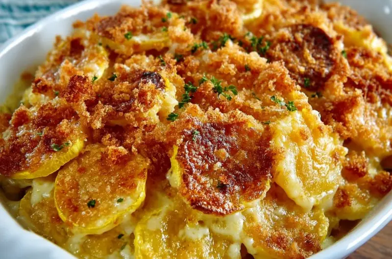 Southern squash casserole served in a baking dish with a golden crust.