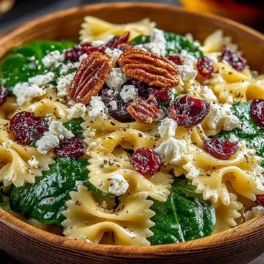 Spinach pasta salad with feta cheese and cranberries in a bowl