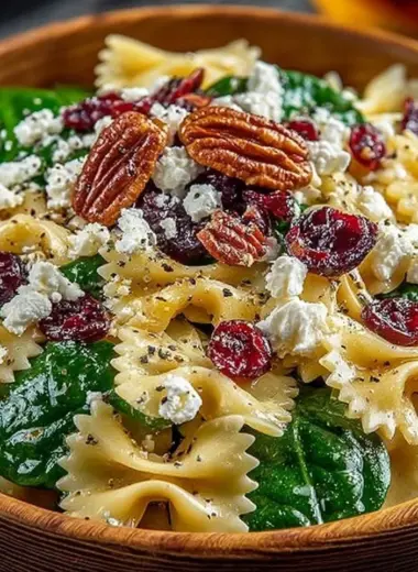 Spinach pasta salad with feta cheese and cranberries in a bowl