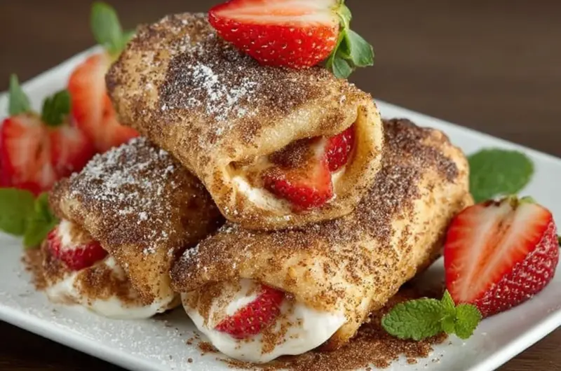 Delicious strawberry cheesecake chimichangas served with a drizzle of strawberry sauce.
