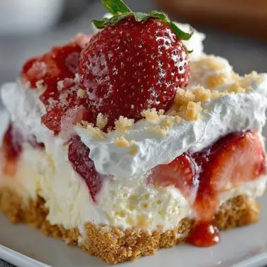 Delicious Strawberry Cheesecake Lush dessert with layers of cream and strawberries