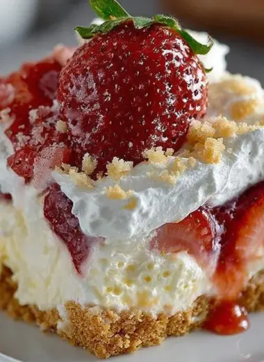 Delicious Strawberry Cheesecake Lush dessert with layers of cream and strawberries