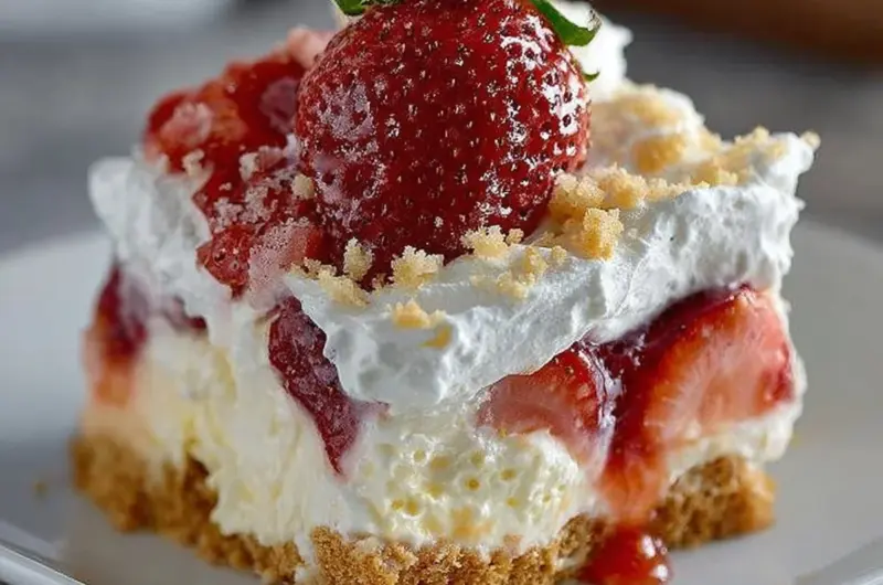 Delicious Strawberry Cheesecake Lush dessert with layers of cream and strawberries