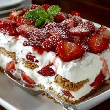 Delicious Strawberry Cream Cheese Icebox Cake served with fresh strawberries