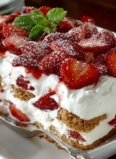 Delicious Strawberry Cream Cheese Icebox Cake served with fresh strawberries