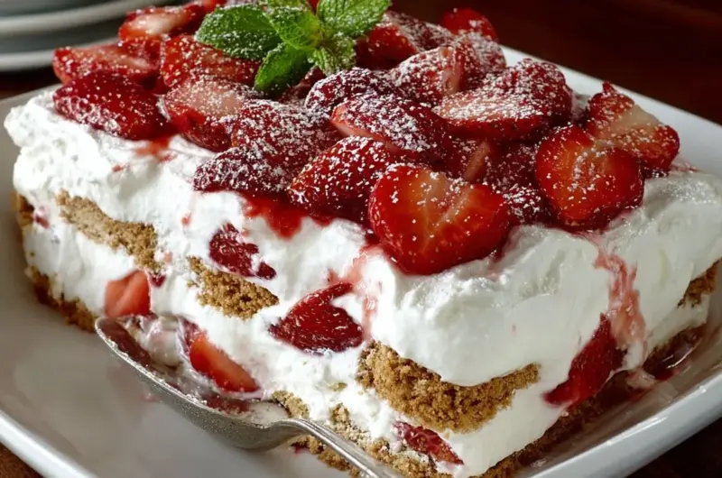 Delicious Strawberry Cream Cheese Icebox Cake served with fresh strawberries
