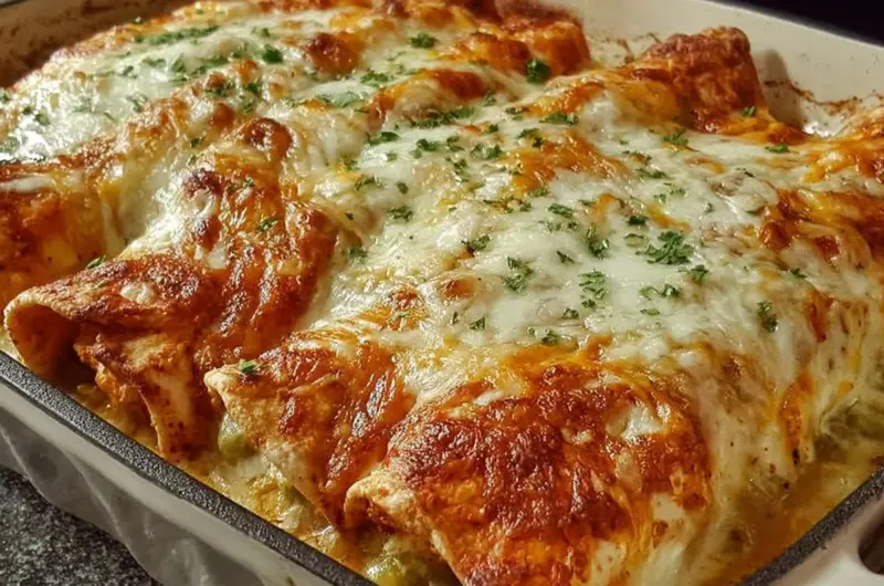 Delicious supreme sour cream chicken enchiladas topped with cheese and cilantro
